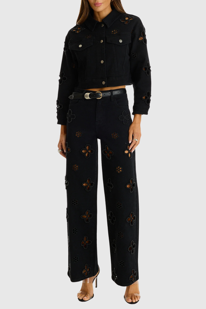 Kalliopa Floral Pearl Cutout Jeans - Black