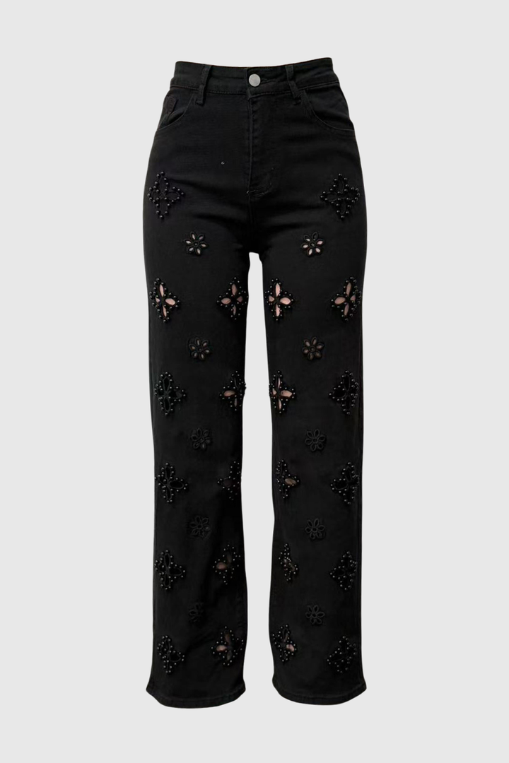 Kalliopa Floral Pearl Cutout Jeans - Black