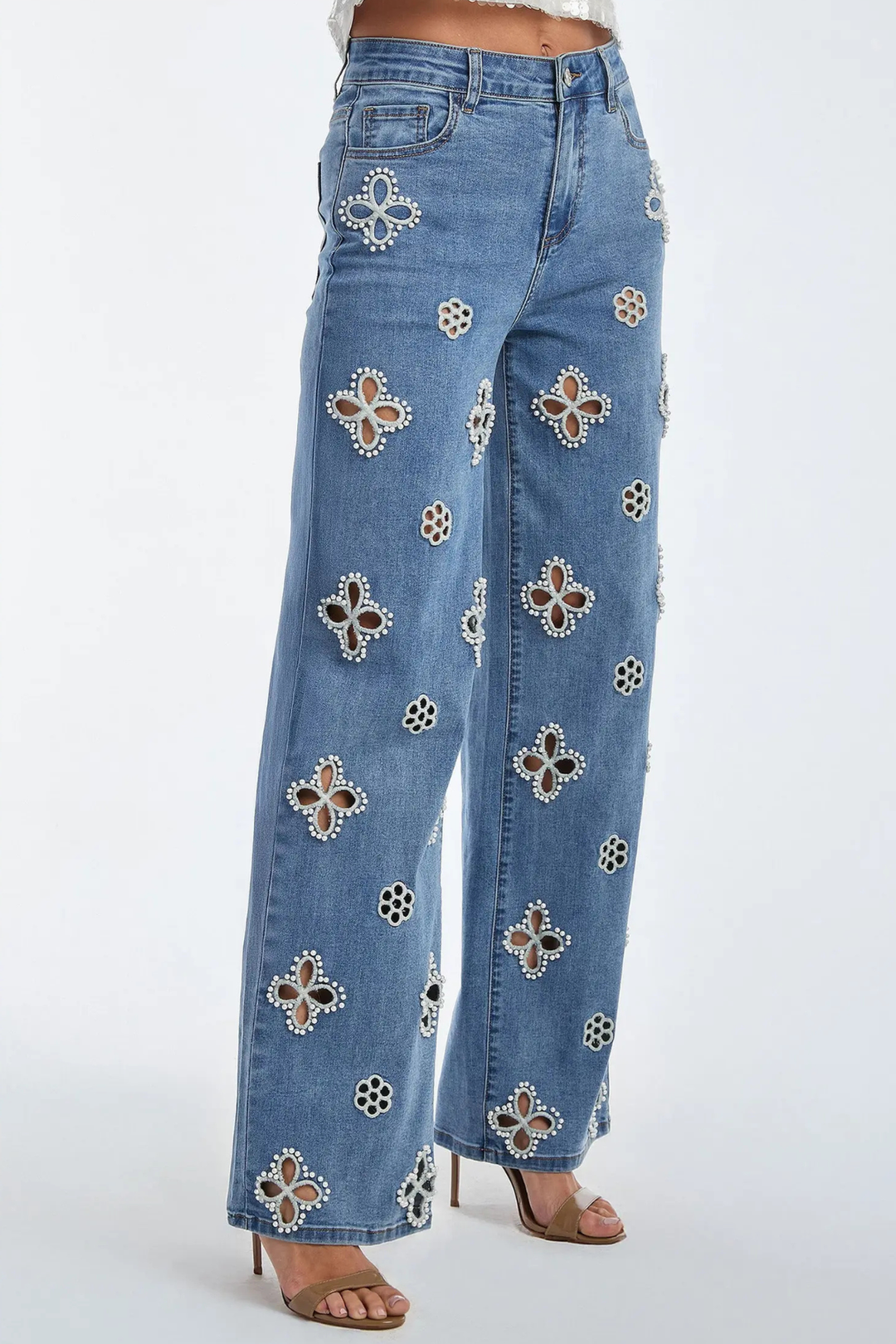 Kalliopa Floral Pearl Cutout Jeans - Blue