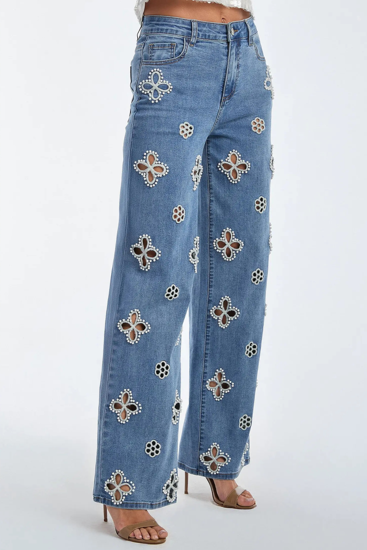 Kalliopa Floral Pearl Cutout Jeans - Blue