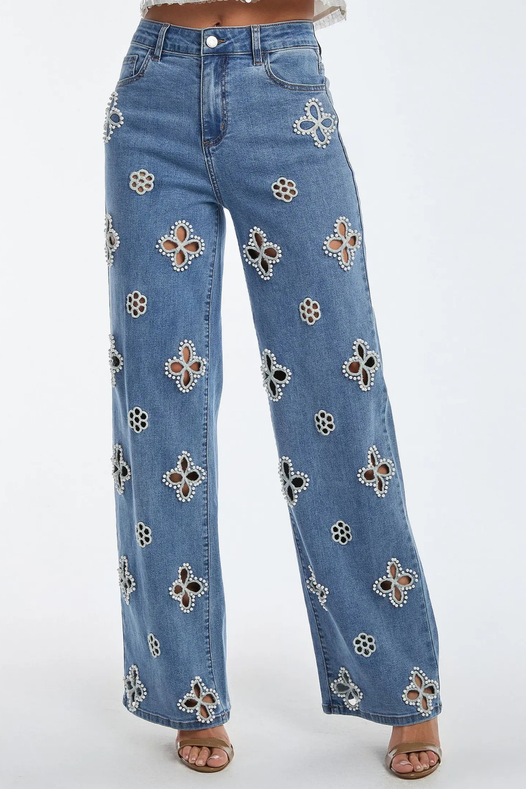 Kalliopa Floral Pearl Cutout Jeans - Blue