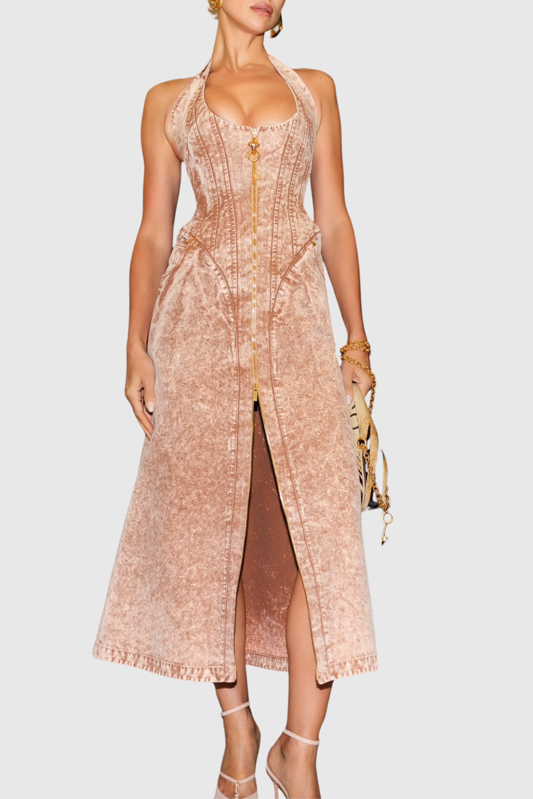 Krishna Halter Denim Corset Contrast-stitching Maxi Dress - Khaki