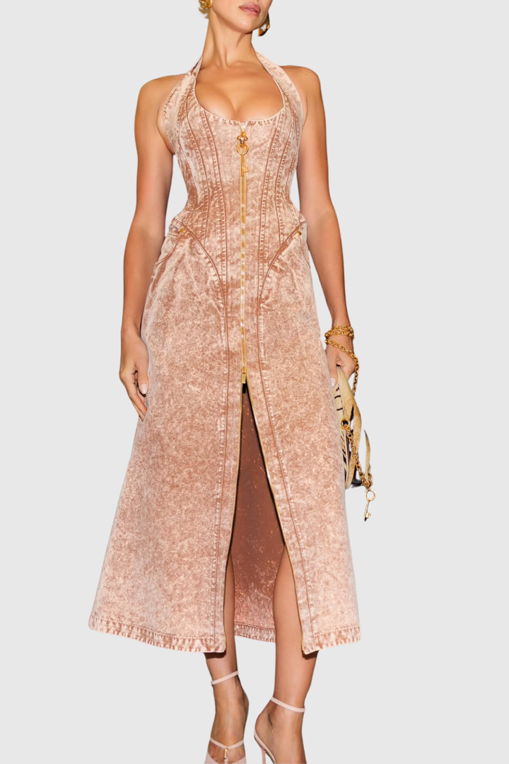 Krishna Halter Denim Corset Contrast-stitching Maxi Dress - Khaki
