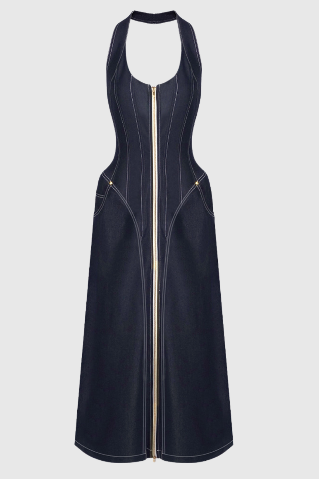 Krishna Halter Denim Corset Contrast-stitching Maxi Dress - Black