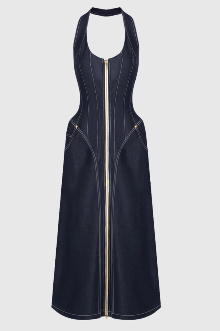 Krishna Halter Denim Corset Contrast-stitching Maxi Dress - Black