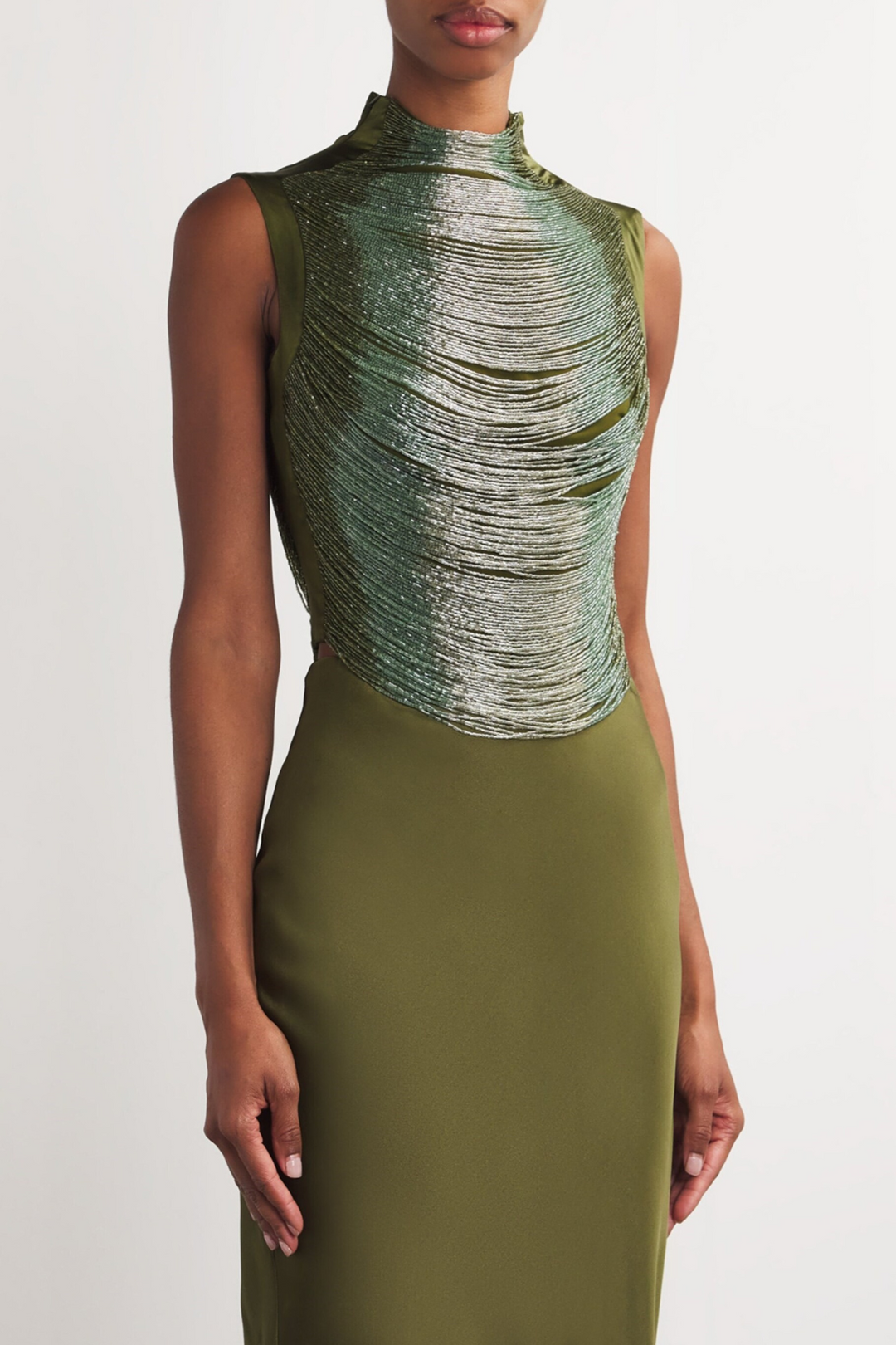 Laikla Fringe Sleeveless Top & Satin Skirt Set - Green