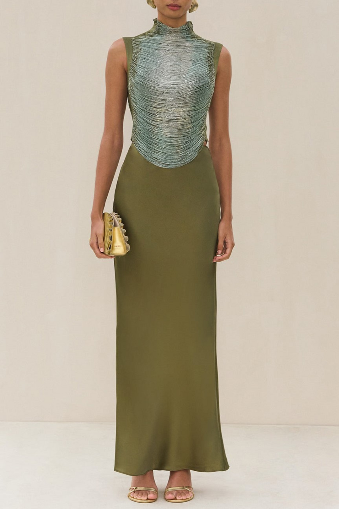Laikla Fringe Sleeveless Top & Satin Skirt Set - Green