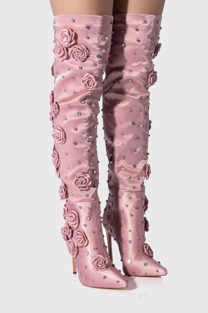 Liza Floral Rhinestone Knee High Boots