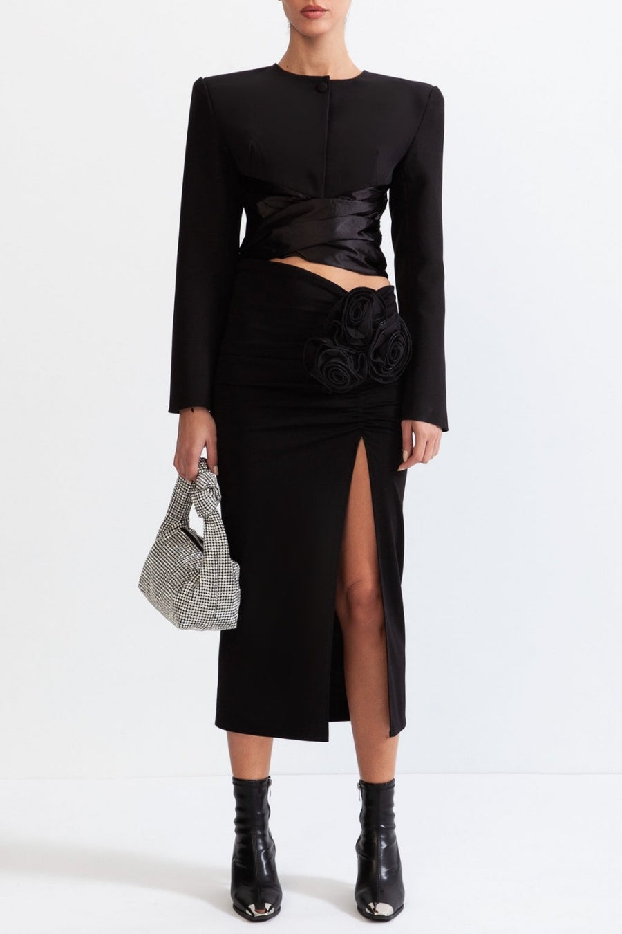 Maelie Bow Detail Satin Crop Blazer  - Black