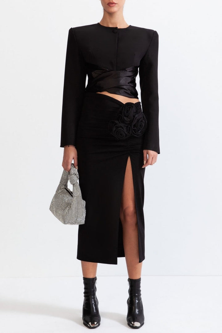 Maelie Bow Detail Satin Crop Blazer  - Black