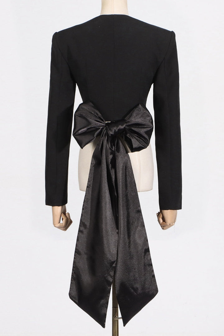 Maelie Bow Detail Satin Crop Blazer  - Black