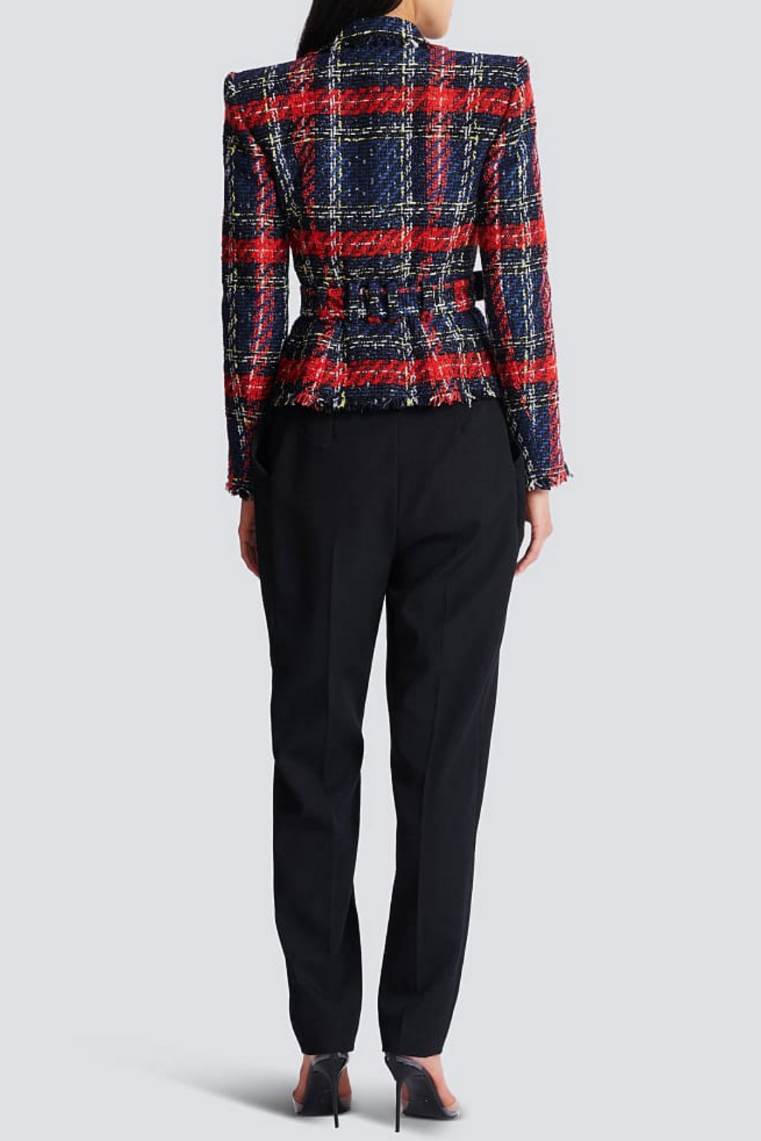 Marcea Belted Plaid Tweed Jacket