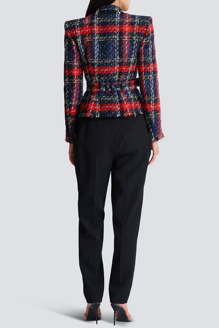 Marcea Belted Plaid Tweed Jacket