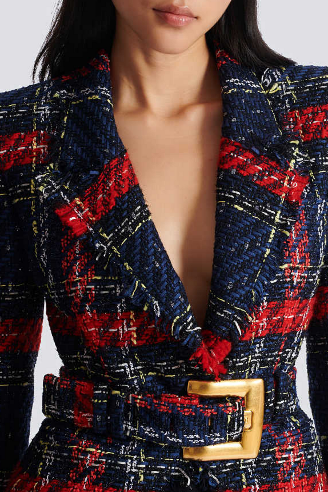 Marcea Belted Plaid Tweed Jacket