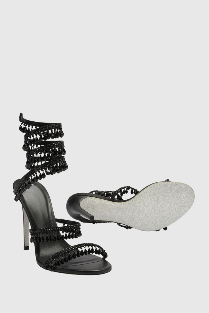 Mistya Rhinestone Ankle Wrap Heel Sandals - Black