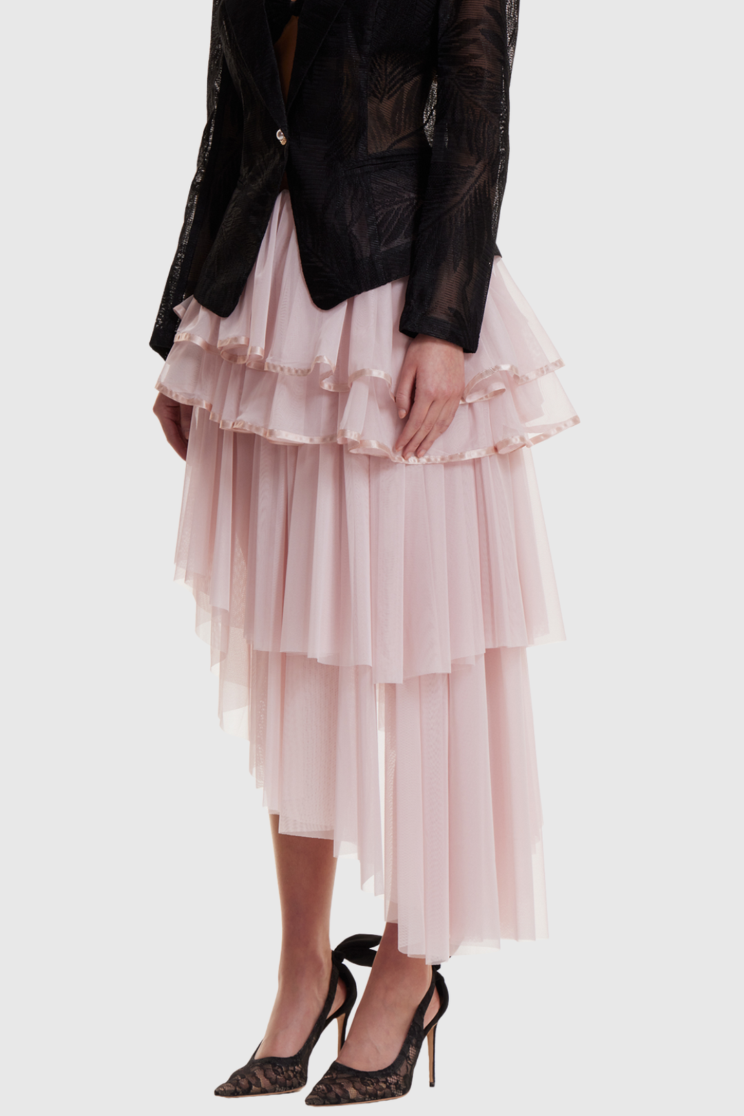 Nanio Asymmetric Mesh Tiered Maxi Skirt