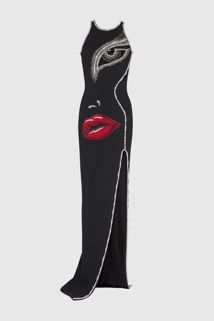Nikkol Face Motif Pearl Embellished Split Maxi Bandage Dress