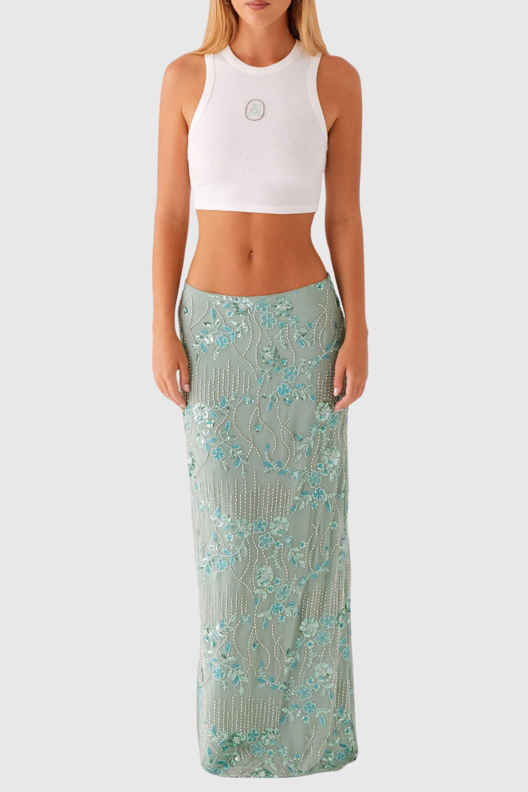 Ongus Beaded Sequin Maxi Skirt - Green