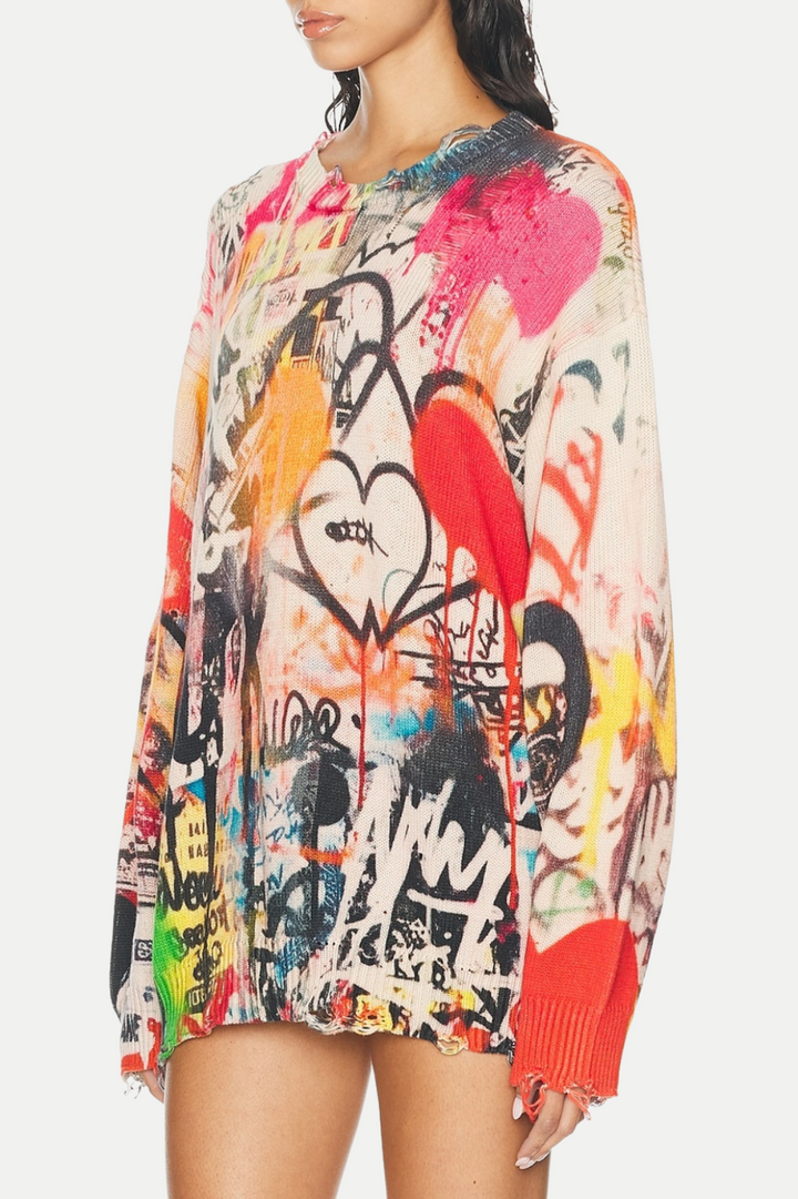 Onida Graffiti Printed Distressed Sweater
