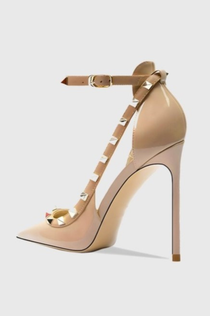 Osanya Rivet Embellished Strap Cutout Pumps  - Nude