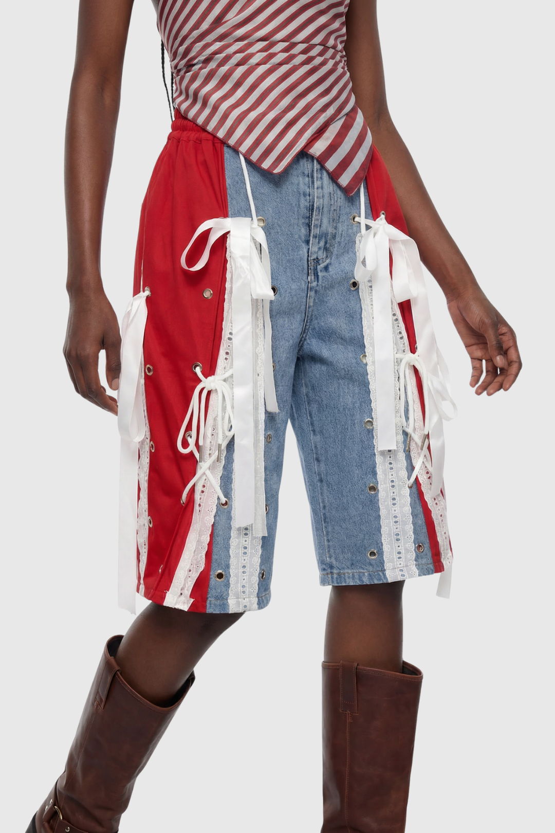 Ossie Bow Panel Midi Jeans - Red