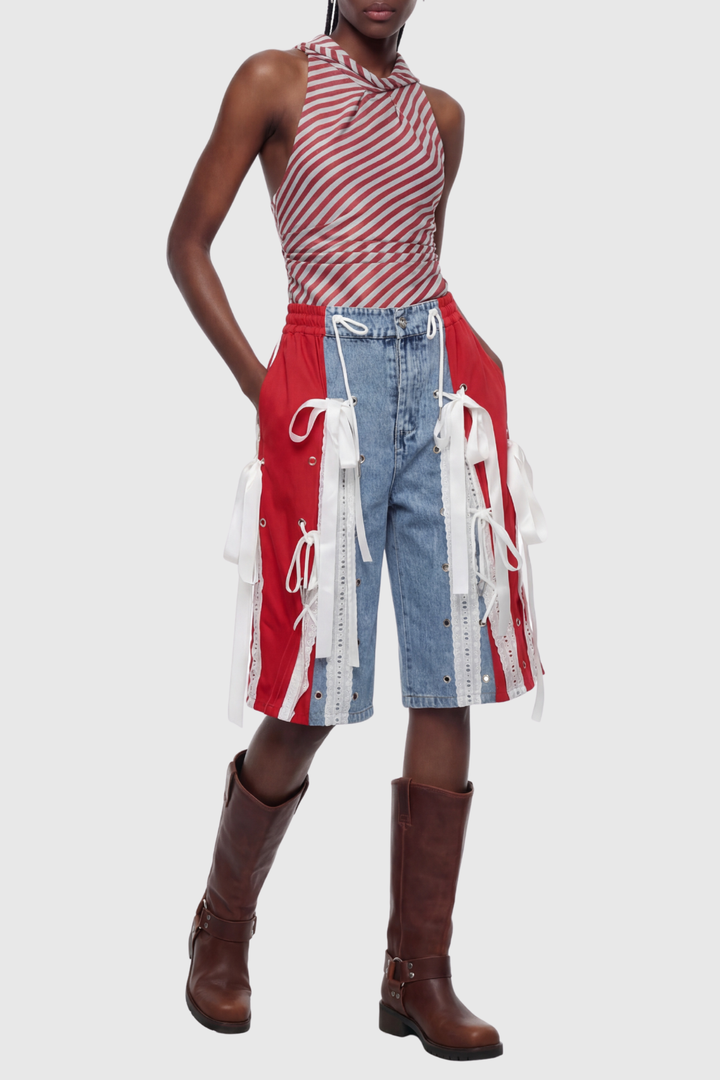 Ossie Bow Panel Midi Jeans - Red