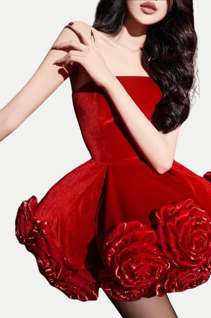 Sebast Flower Strapless Mini Dress - Red