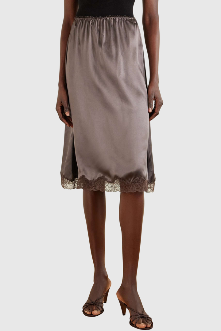 Silene Lace-trim Midi Skirt - Brown