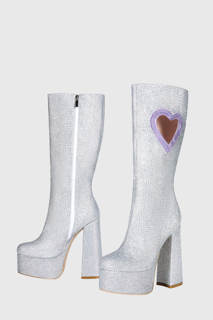 Staya Rhinestone Heart Chunky Heel Platform Boots
