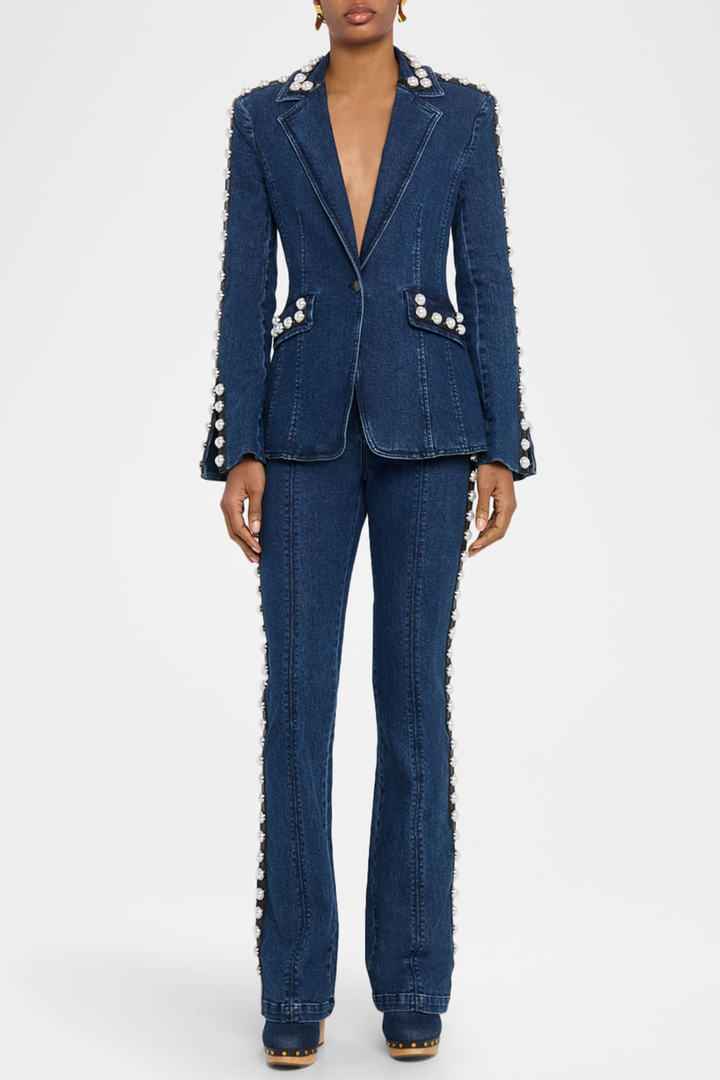 Uonata Pearl Trim Embellished Denim Blazer & Pants Set