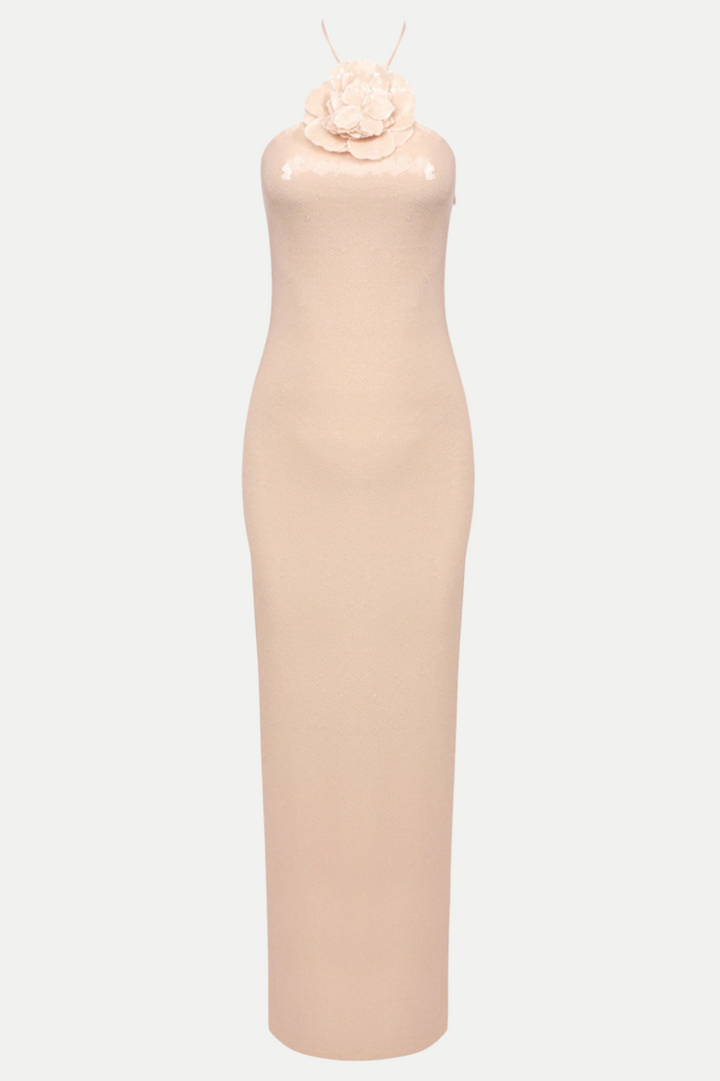 Vidonia Halter Floral Sequin Maxi Dress - Nude