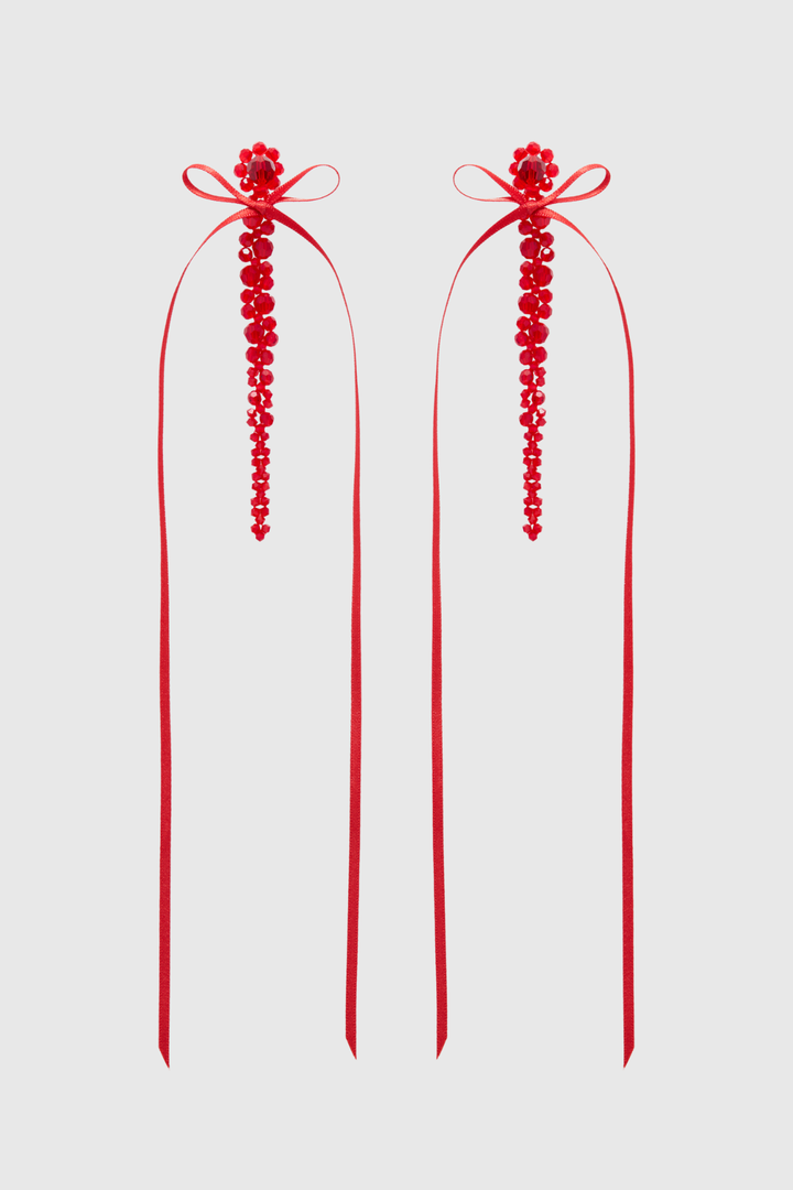 Vihoa Bow Ribbon Crystal Beaded Drip Earrings - Red