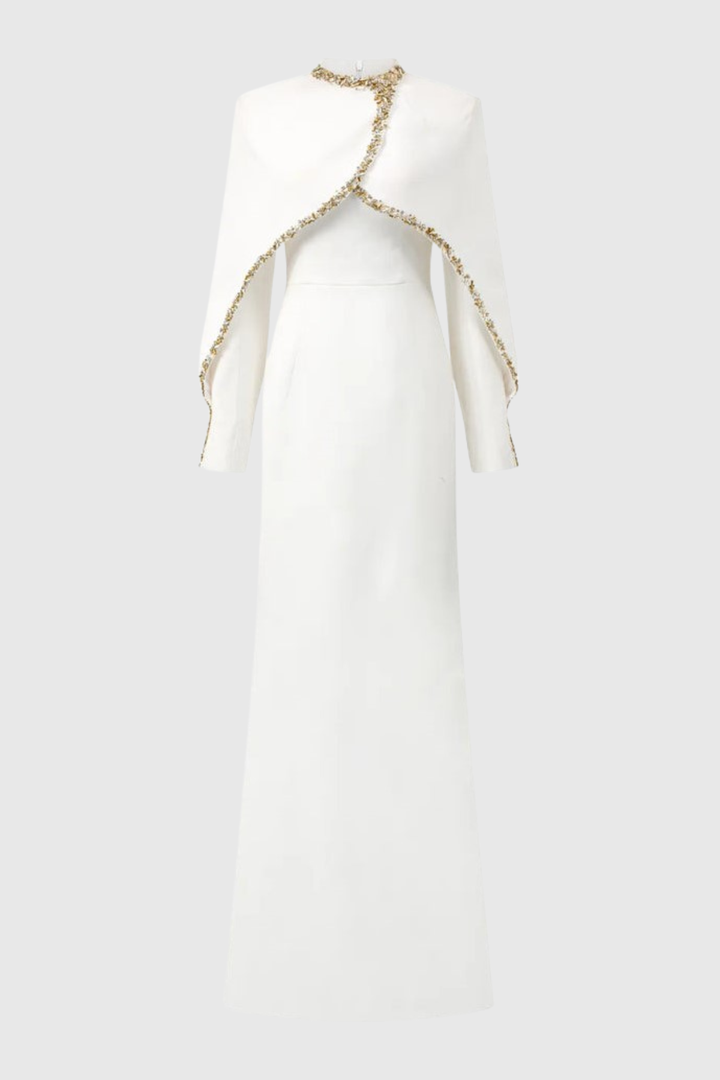 Zayne Crystal Embellished Cape Maxi Dress - White