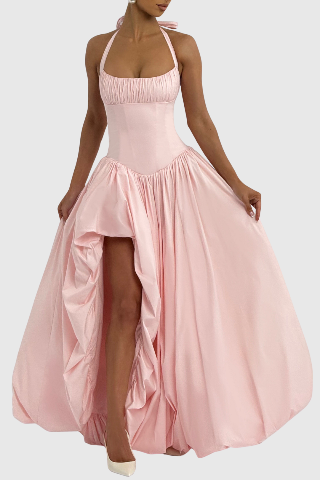 Zenite Halter Corset Ruched Midi Dress - Pink