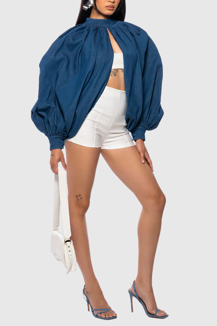 Zndigo Ruched Slit Denim Top - Navy